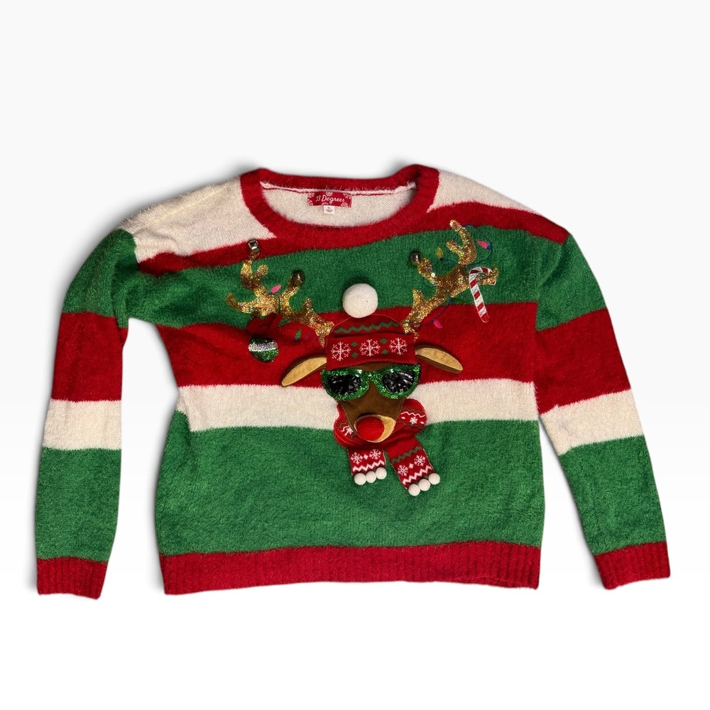 33 Degrees Reindeer Ugly Christmas Sweater XL Red Green Striped Sequin Holiday